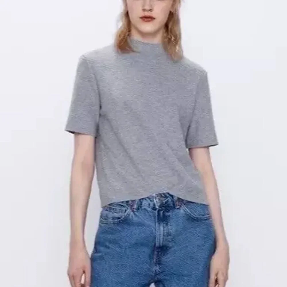 Zara | EUC Trafaluc Gray Mock Neck Short Sleeve Knit Sweater Top Size Large - Picture 2 of 8